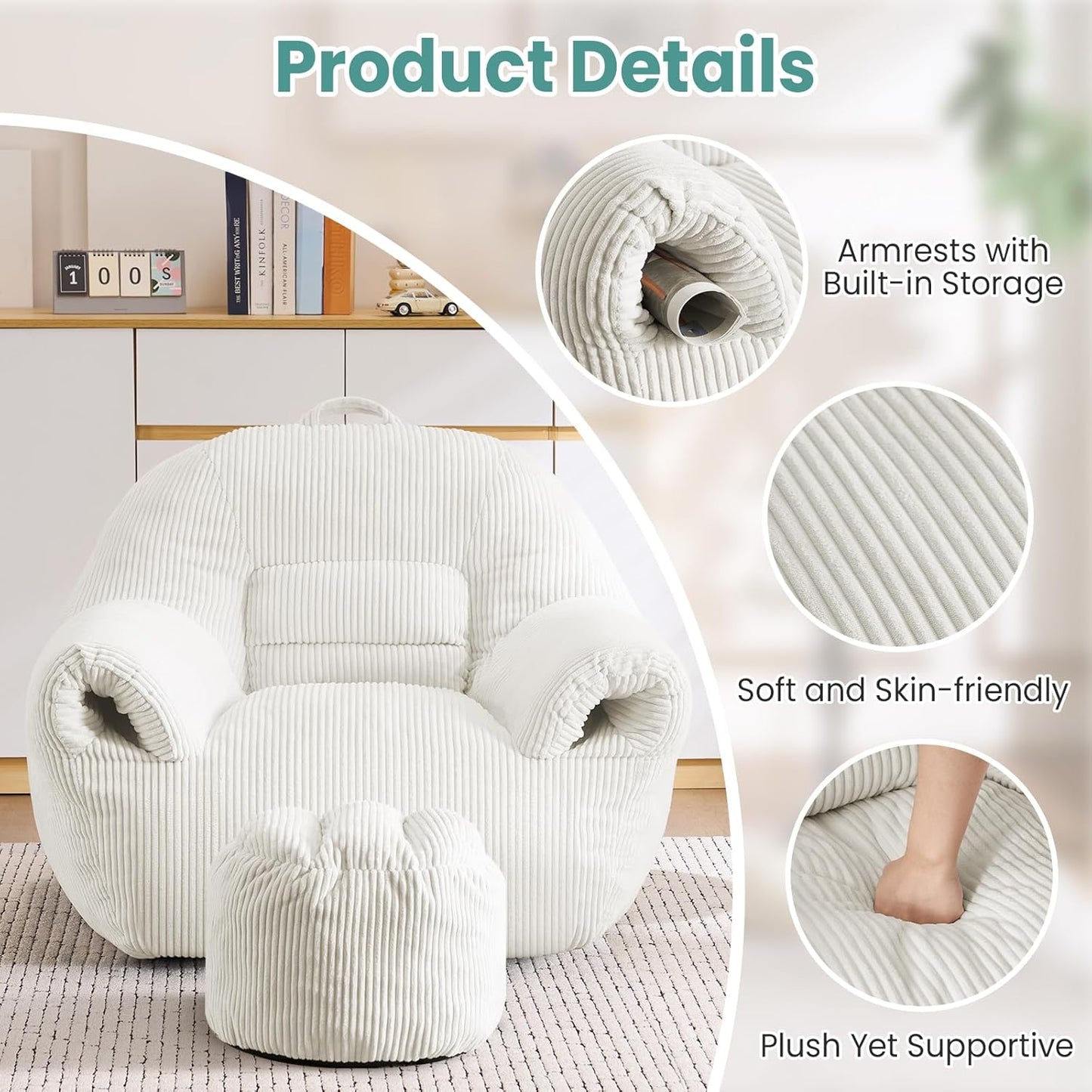 DAICO Bean Bag Chairs for Adults Beanbag Sofa with Ottoman Comfy Accent Chair with Armrests Corduroy Couch with Foam Single Lazy Sofas for Living Room Reading Bedroom Gaming Office Beige