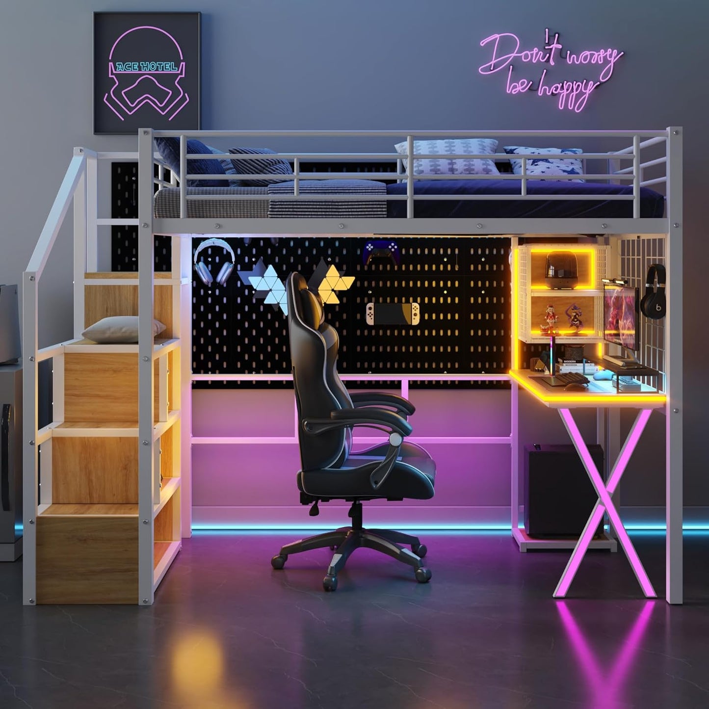 Merax Twin Size Metal Loft Bed with Built-in Work Station, Wardrobe, Storage Staircase and LED, Gaming Bed for for Kids Teens Adults, Full-Length Guardrails, No Box Spring Needed, White