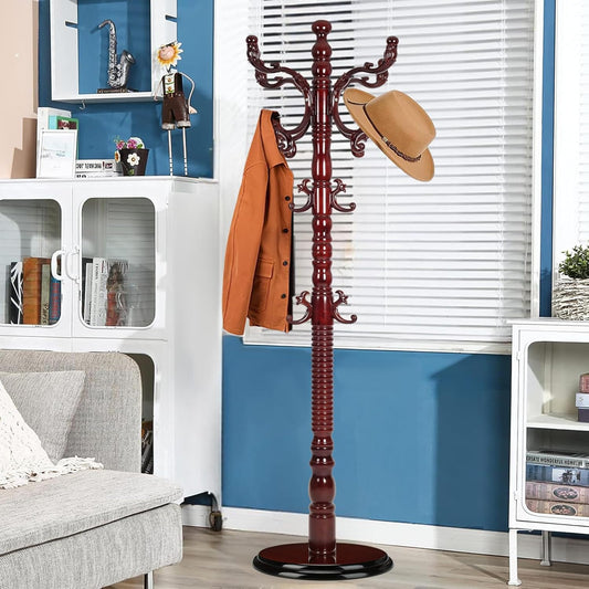Solid Wood Coat Rack, Coat Racks Free Standing with 14 Hooks, Vintage Coat Rack with Stable Disc Base, Adjustable Height 73 in for Porch, Living Room, Bedroom, Office (Redwood Color)