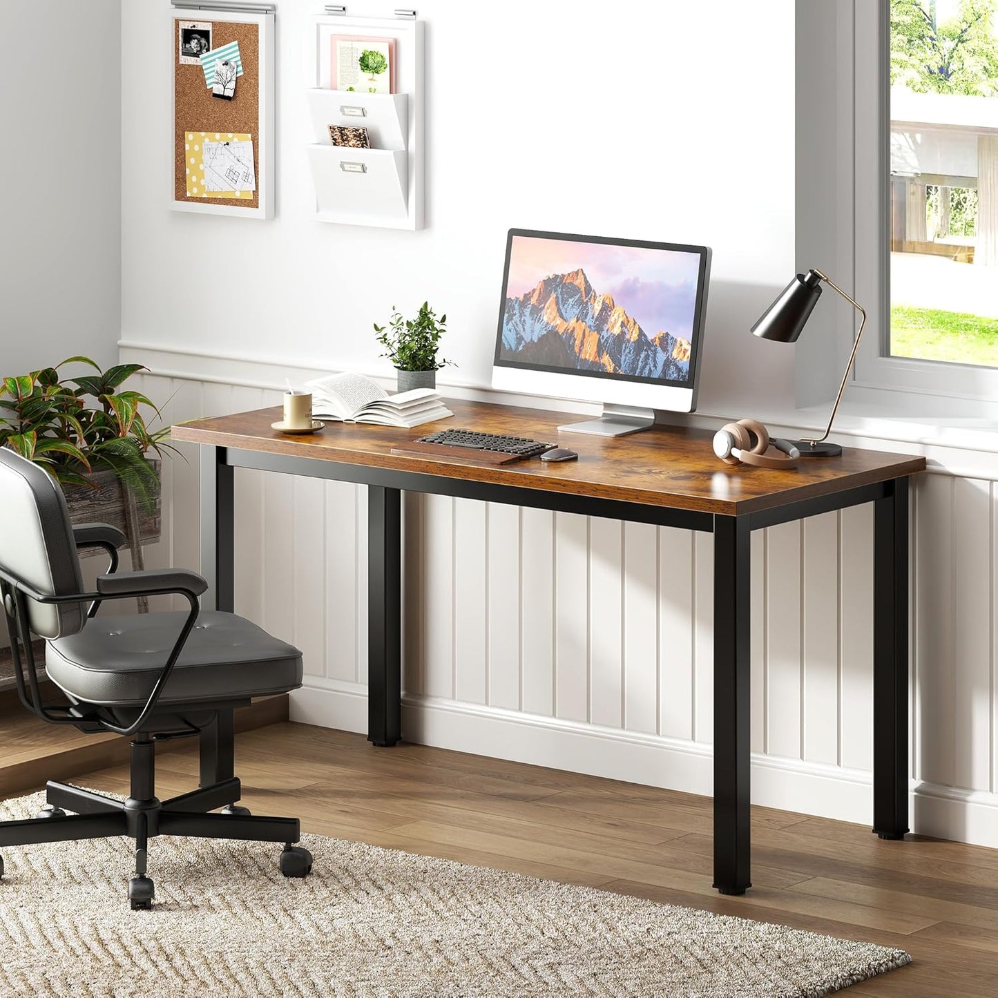 Need Computer Desk, 47 inch Home Office Desk, Modern Simple Style Home Office Gaming Desk, Basic Writing Table for Study Student, Black Metal Frame, Rustic Brown