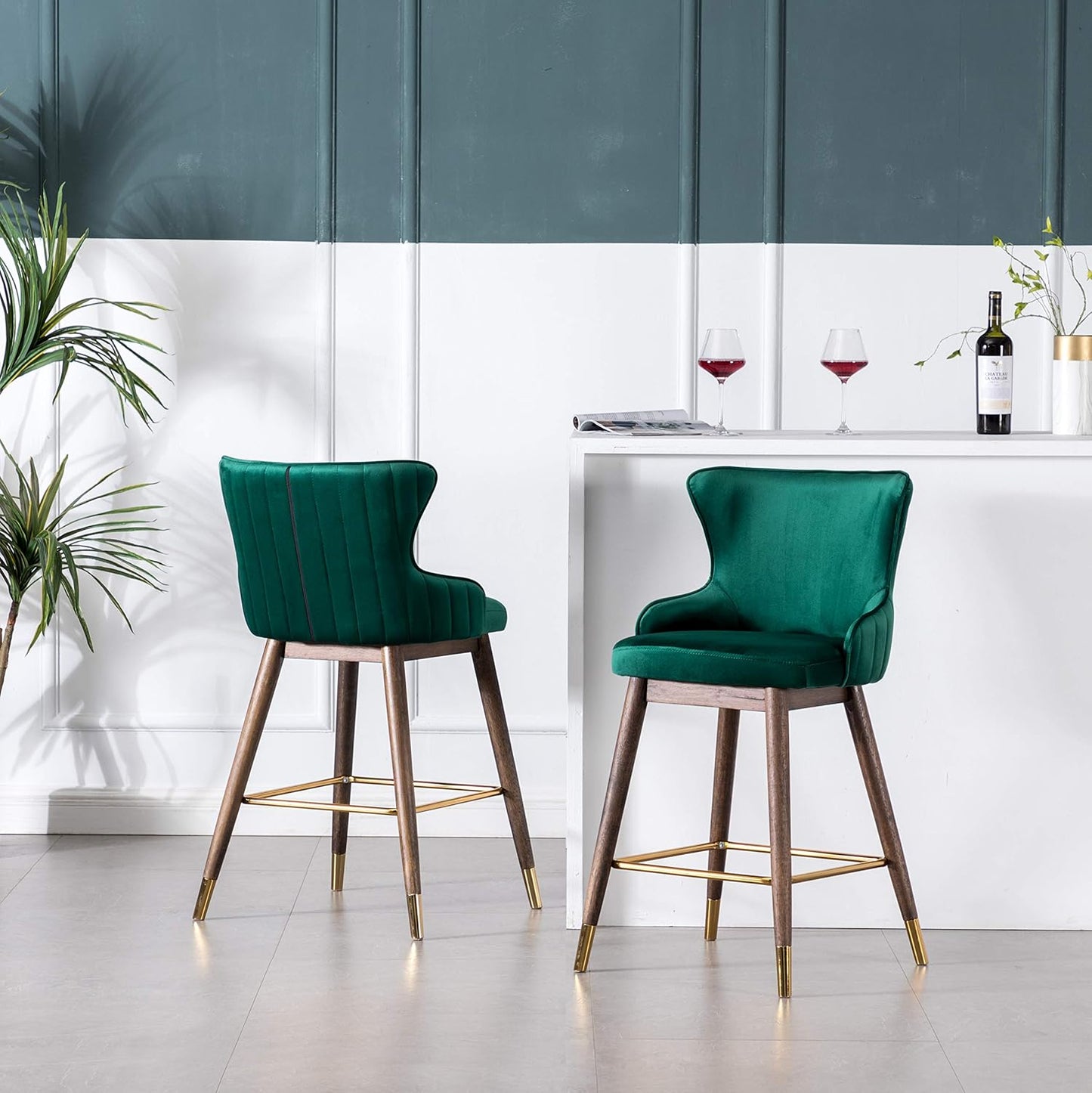 Roundhill Furniture Leland Fabric Upholstered Counter Height Wingback Stools, Set of 2, Green