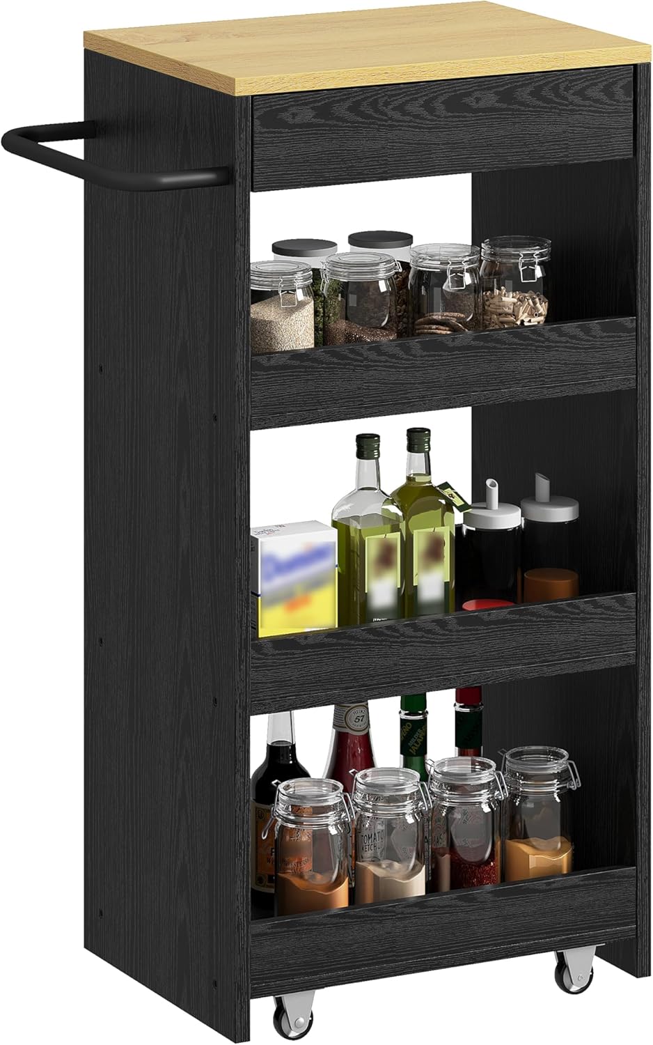 IRONCK Wood Storage Cart, 4 Tier Rolling Kitchen Cart on Wheels, Slide Out Utility Cart, Organizer Trolley with Handle, Drawer for Kitchen, Laundry, Bathroom, Black