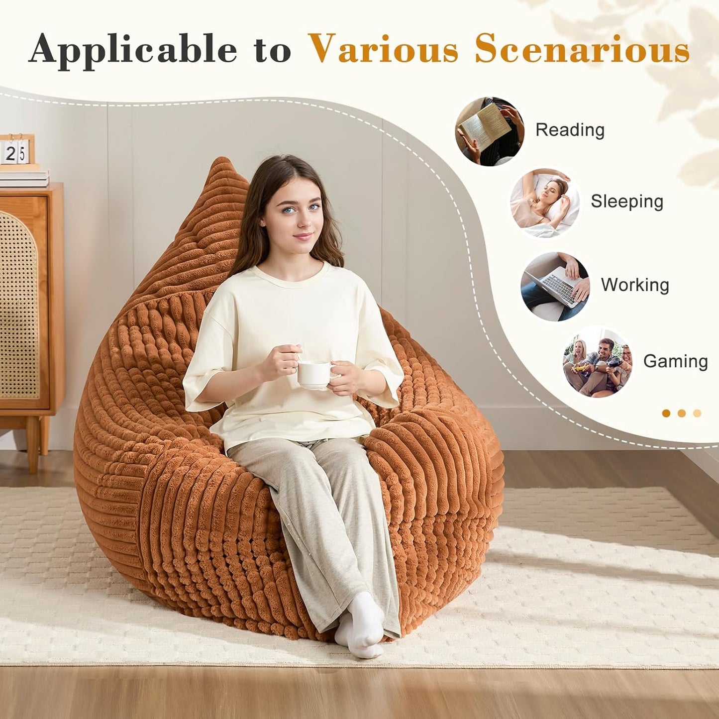 3-in-1 Giant Bean Bag Chair for Adults & Kid, Convertible Floor Sofa to Mattress, High-Density Foam Chair Bed with Washable Cover, Multi Functional Lounge Couch for Bedroom, Living Room (Orange)