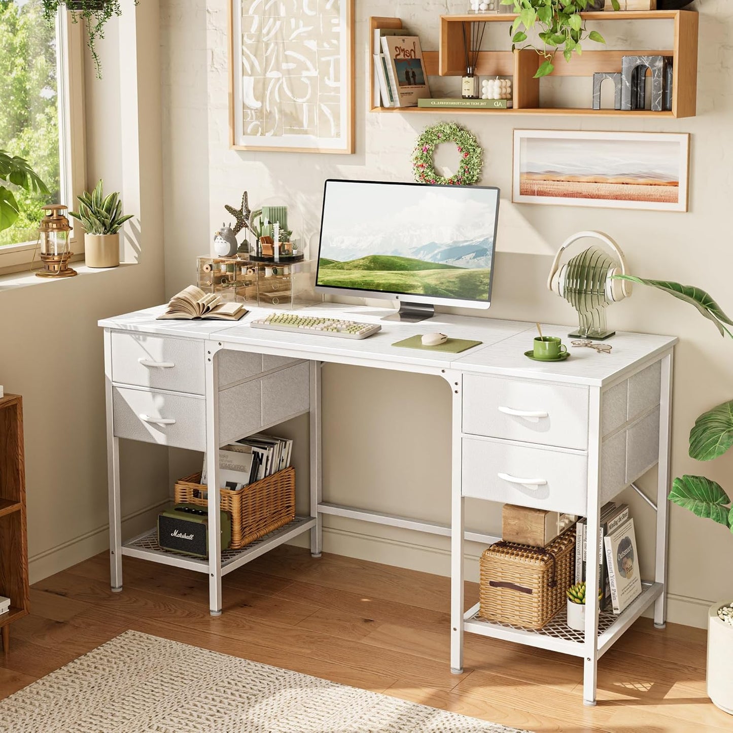 Huuger 55 Inch White Desk with 4 Drawers, Vanity Desk with Mesh Shelf for Makeup, Computer Desk for Home Office with Large Storage, Bedroom, Work from Home