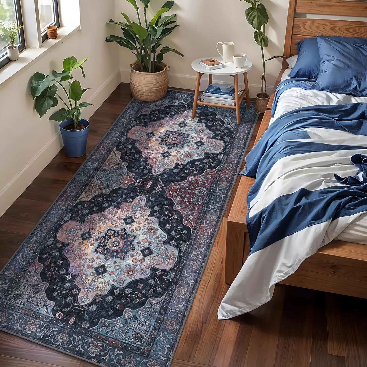 Tangsoo 2x6 Washable Runner Rug for Hallways, Non Slip Vintage Runner, Soft Low Pile Long Rug Runner, Print Distressed Navy/Mlulti Carpet Runners for Kitchen Bedroom Entryway Bathroom Living Room