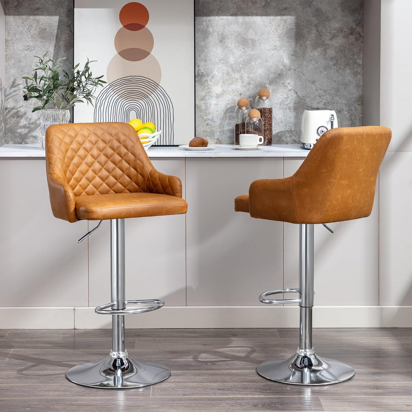 VECELO Bar Stools Set of 2, Modern PU Leather Adjustable Bar Stools with Back, 360° Swivel Bar Height Stools for Kitchen Counter Island, X-Large Size