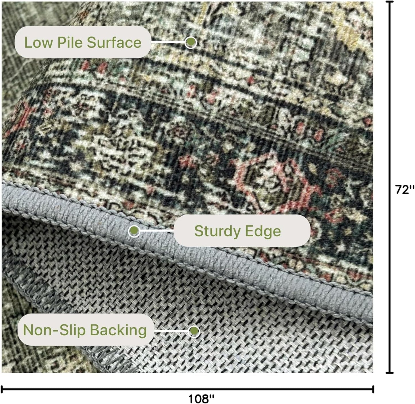 6X9 Area Rugs Machine Washable Rugs for Living Room, Vintage Boho Large Rugs for Bedroom Dining Room, Non Slip Indoor Soft Distressed Lightweight Thin Low Pile Carpet, Green