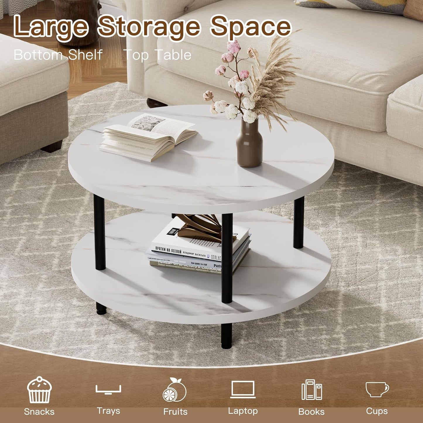 Round Coffee Table, 23.6" Circle Coffee Table for Living Room, 2-Tier Wood Accent Center Table with Open Storage Industrial Design Home Furniture, White