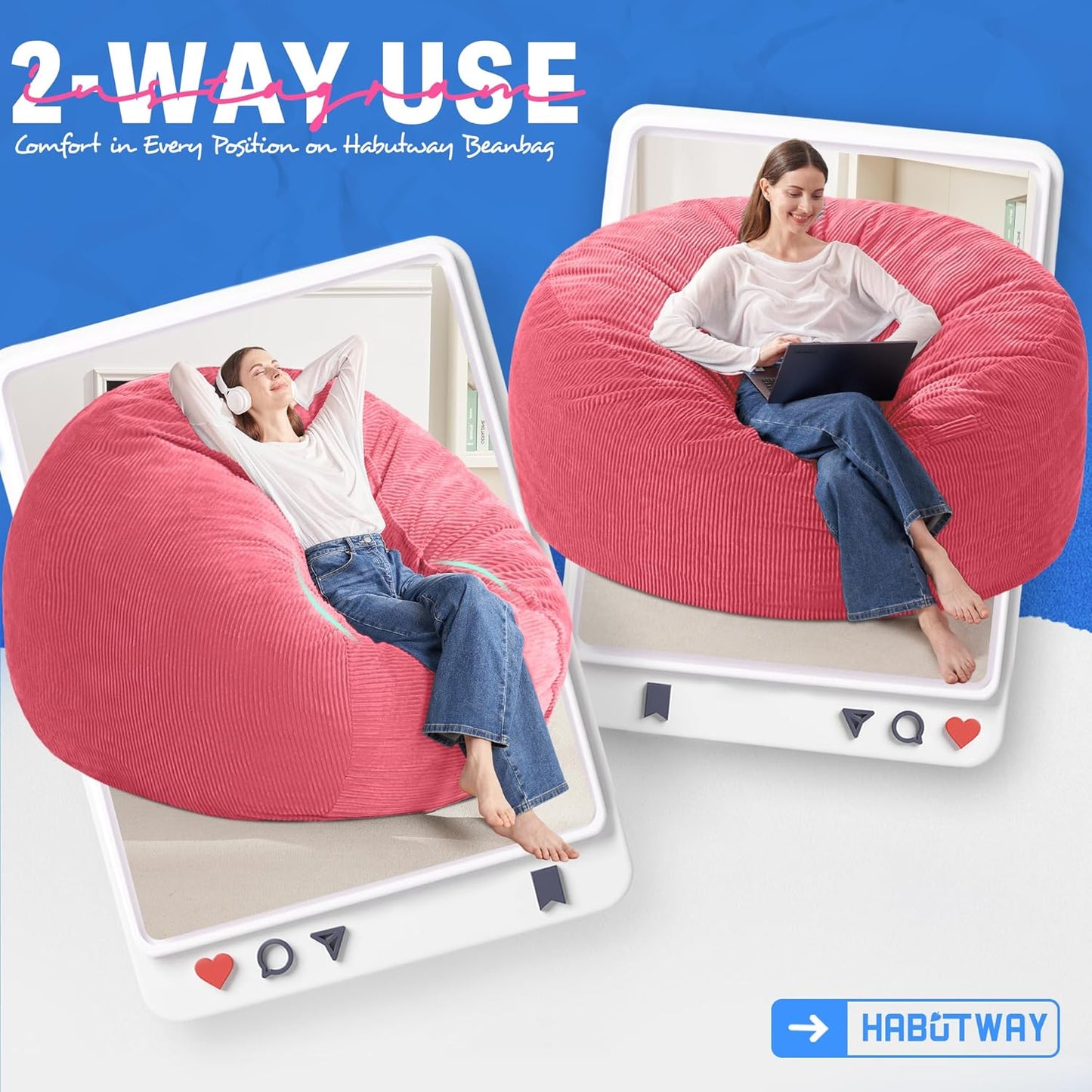 HABUTWAY 6FT Bean Bag Chair,Giant Bean Bag Chairs for Adults,Big Bean Bags with Memory Foam Filled, Large Beanbag Chairs with Soft Corduroy Cover-Pink