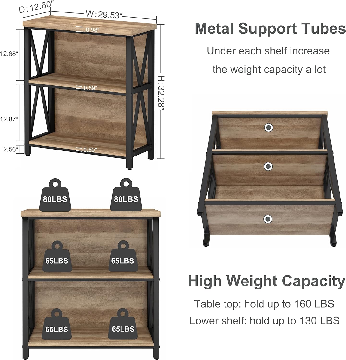 FATORRI Small Bookcase, Wood and Metal Low Short Bookshelf, Industrial Book Case and Rustic Book Shelf for Small Space (Rustic Oak)