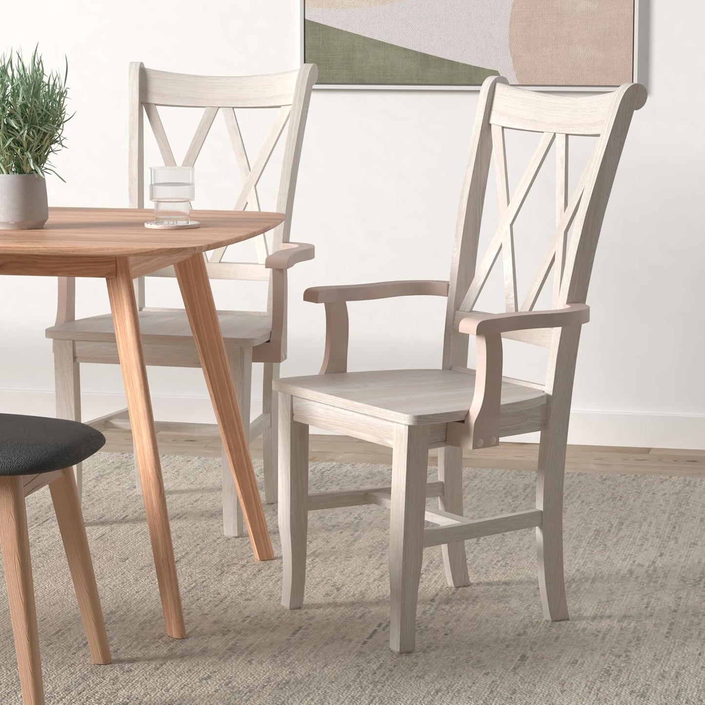 Solid Wood Double X-Back Dining Chair with Arms in Unfinished Parawood, Classic Kitchen/Dining Furniture, Stainable & Paintable, 23.6" W x 22" D x 41.3" H, Wide Arm Width, Traditional & Durable
