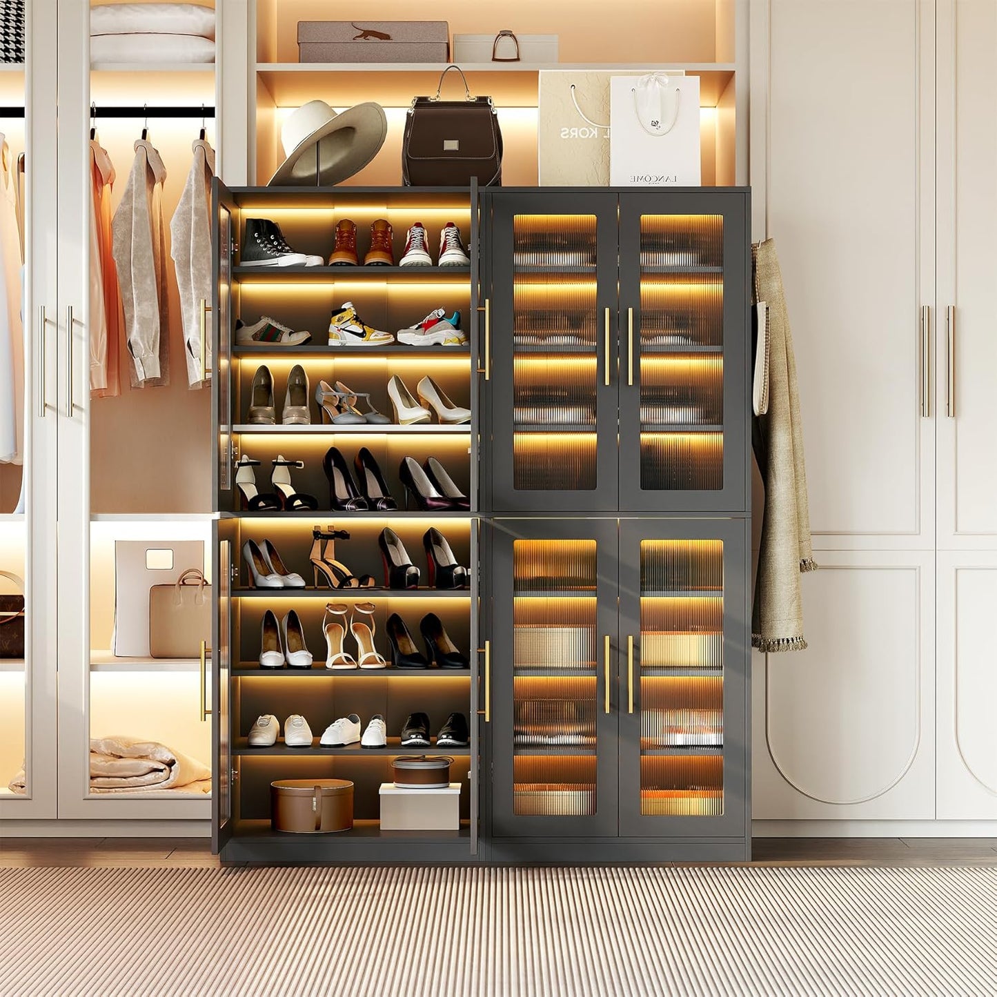 LITTLE TREE Stylish 8-Tier Vertical Shoe Rack with Built-in LED Lighting, Doors for Dust Protection, and Convenient External Hooks, Shoe Cabinet for Entryway, Living Room, Bedroom, Black