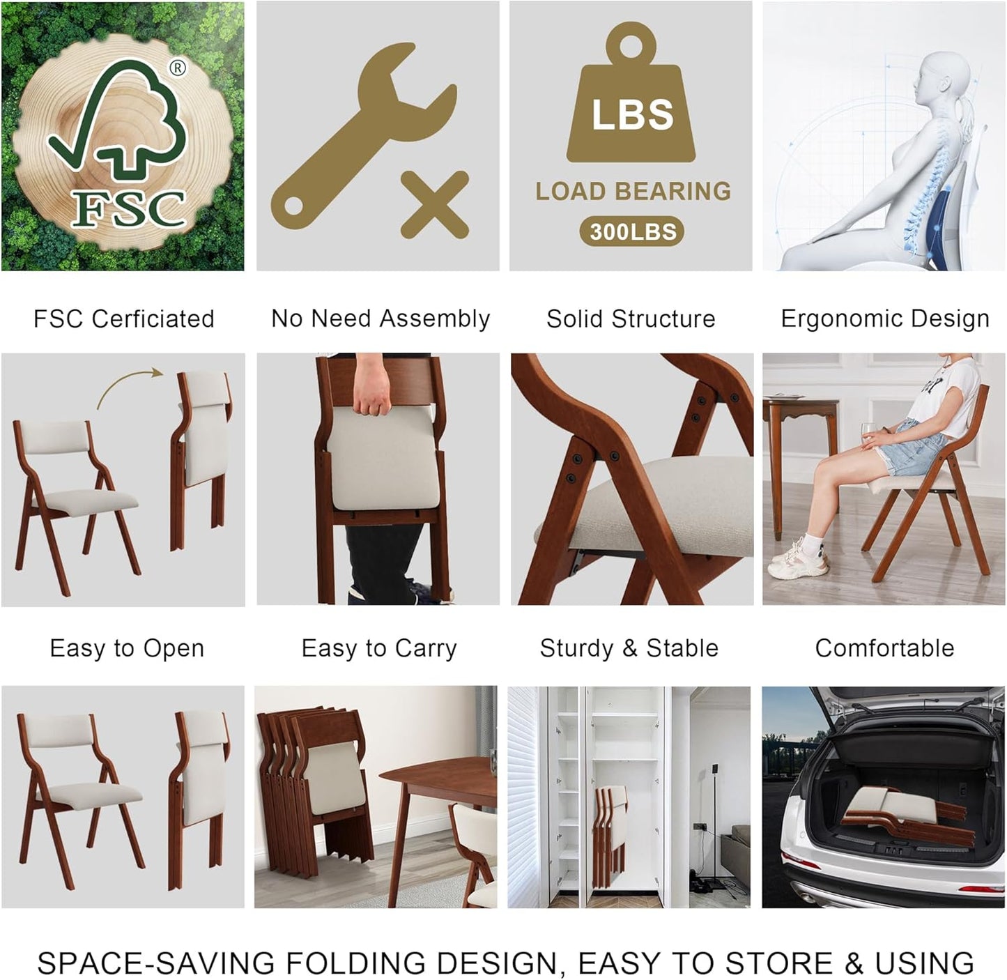 Folding Dining Chairs Set of 2, Upholstered Kitchen Chair with Padded Seat & Backrest, Modern Side-Chair with Wood Legs for Home Office Living Room,No Assembly Needed,Cream White+Cherry