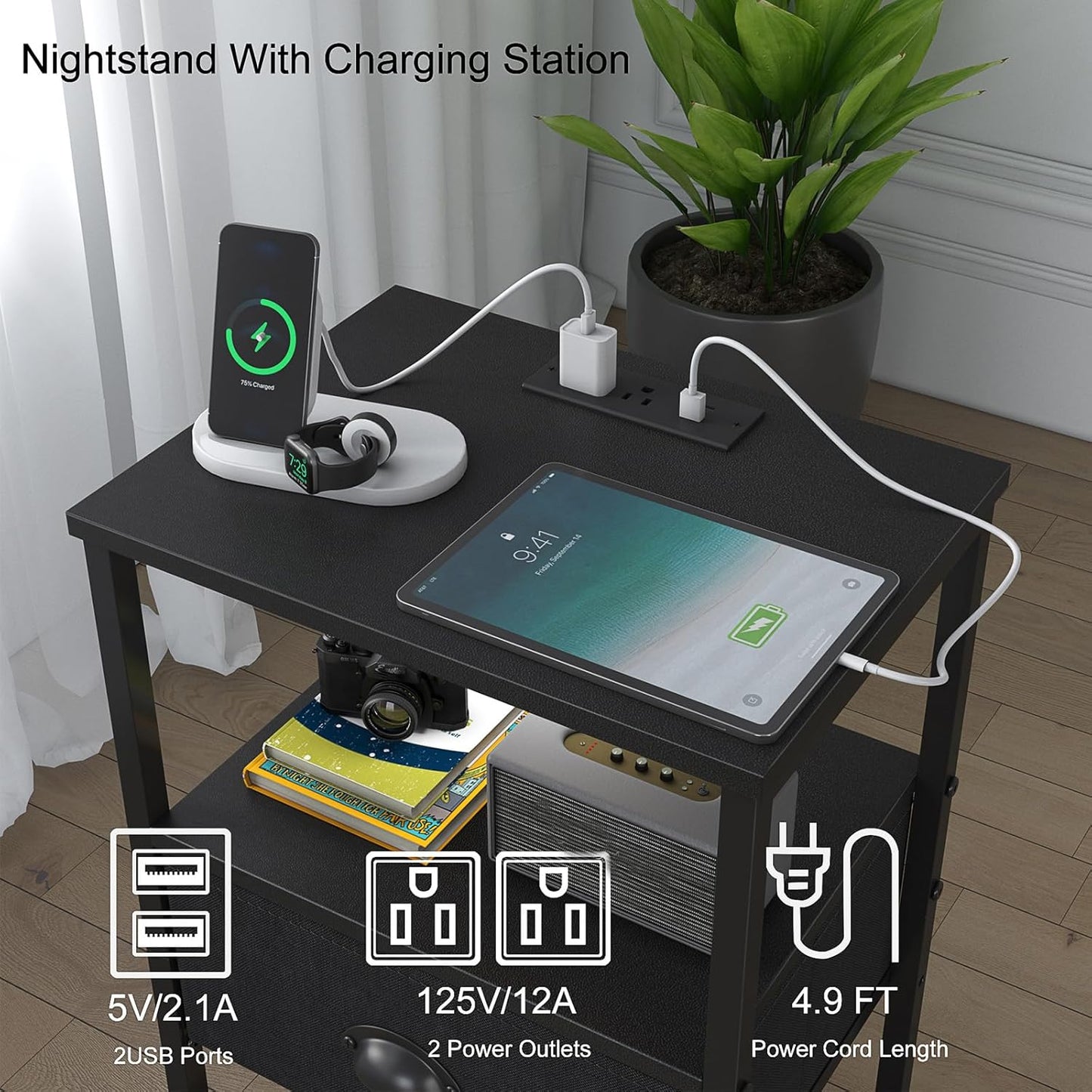 Sthmec Nightstands with Charging Station, LED Bedside Tables with Charging Station and Fabric Drawer, Night Stand with Storage, 3 Tier Side Table with Open Shelf, LED Nightstand Bedside Table,Black