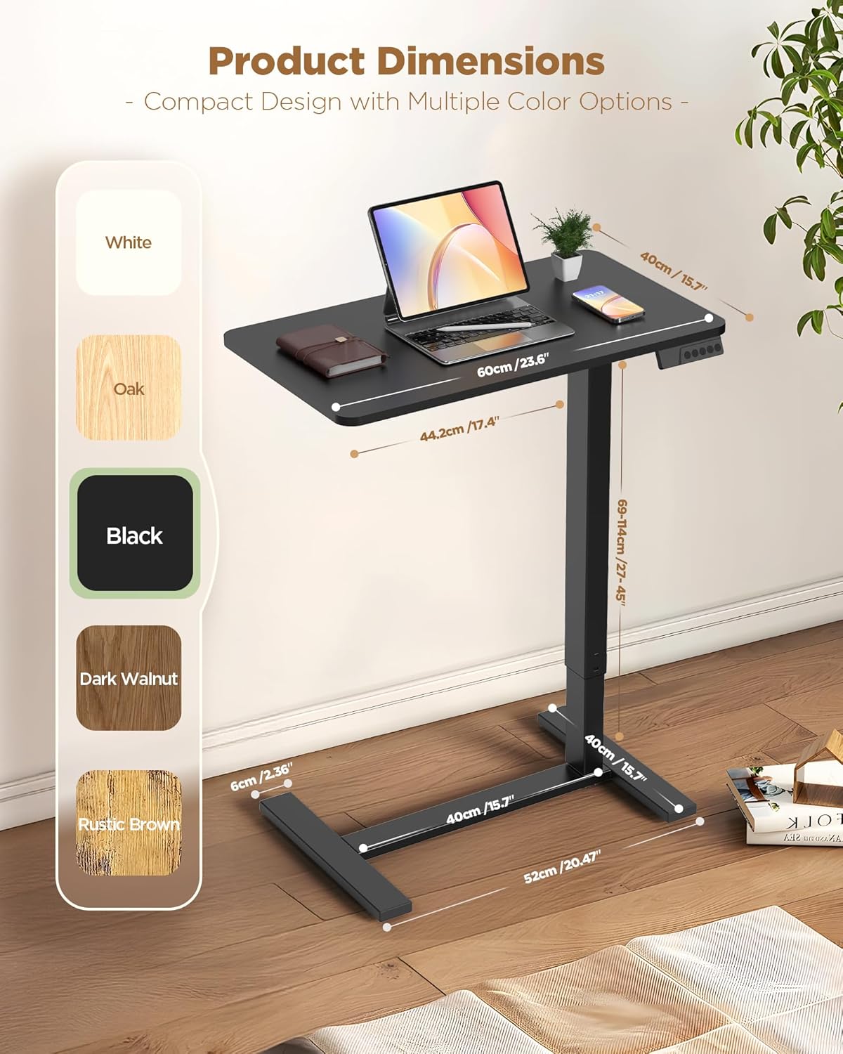 Electric Adjustable Height Standing Desk - Small Sit Stand Portable Rolling Laptop Table with Hidden Wheels, Small Computer Workstation for Bedside & Home Office Use (24"x16", Black)