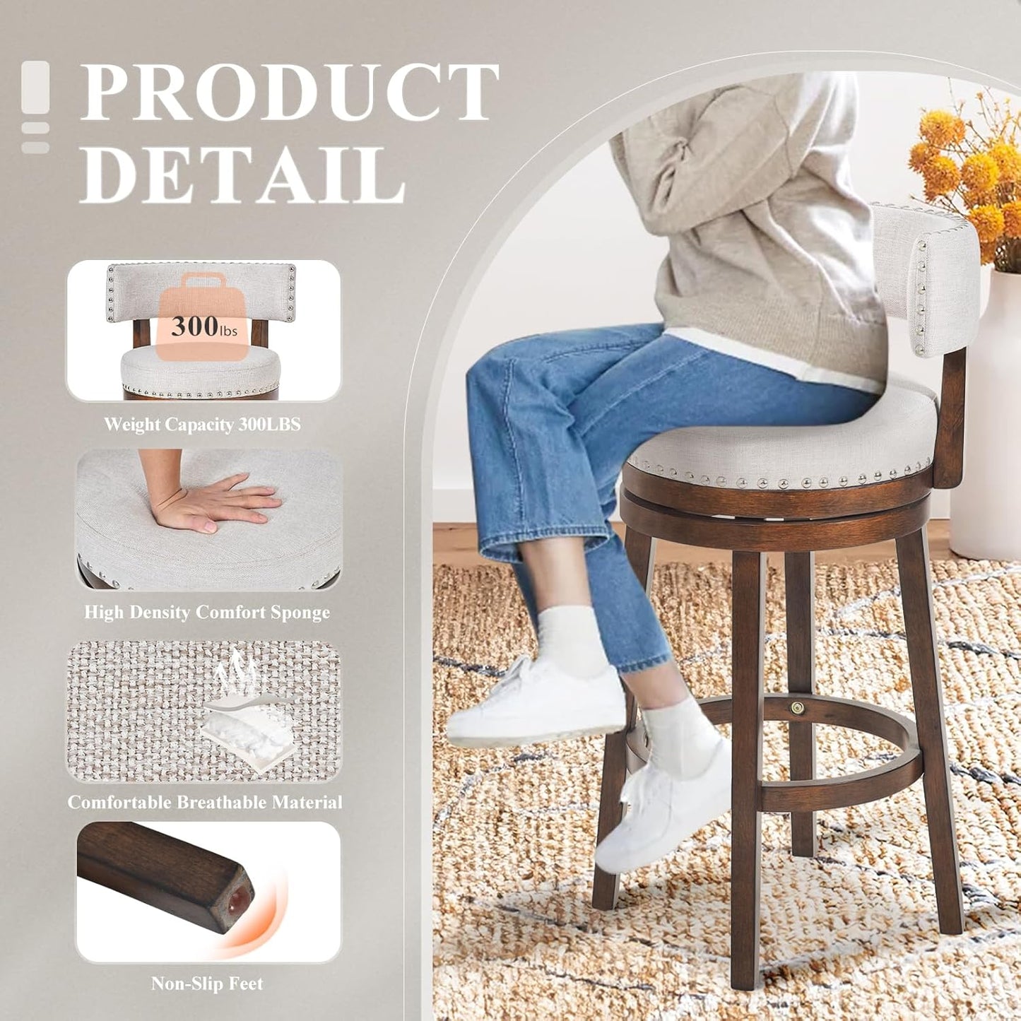 COLAMY Swivel Bar Stool, Swivel Bar Height Bar Stool, Modern Swivel Barstool with Back, Upholstered Wood Barstool for Kitchen Island Dining Room Bar, Beige, FM-4840-30-Beige-F