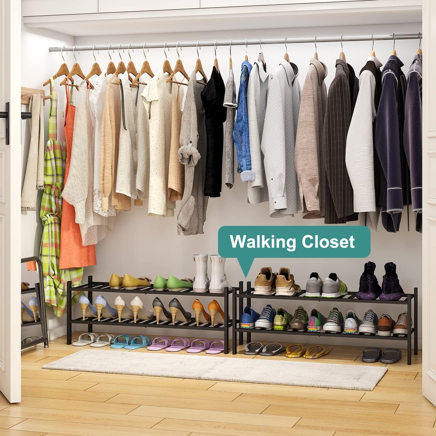 Black Shoe Rack, 2-Tier Long Shoe Rack for Entryway, Bamboo Wood Shoe Shelf for Closet & Hallway, Long 33IN | Beautiful | Functional | Sturdy | Durable