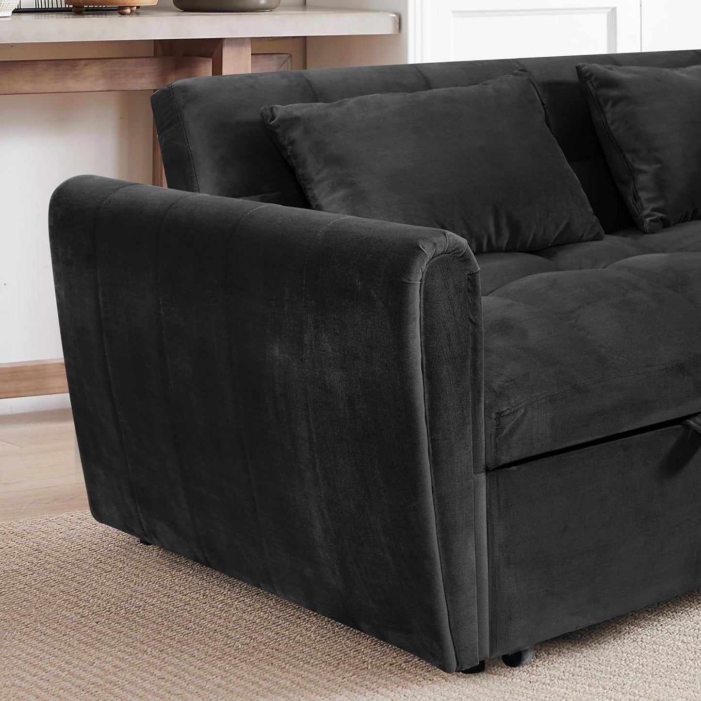 Ball & Cast 65" 3 in 1 Large Sleeper Sofa Bed,Velvet Upholstered Pull Out Couch with Adjustable Backrest&2 Pillows,Convertible Futon Sofa-Bed W/Side Pocket,Loveseat Chaise Lounge for Living Room,Black