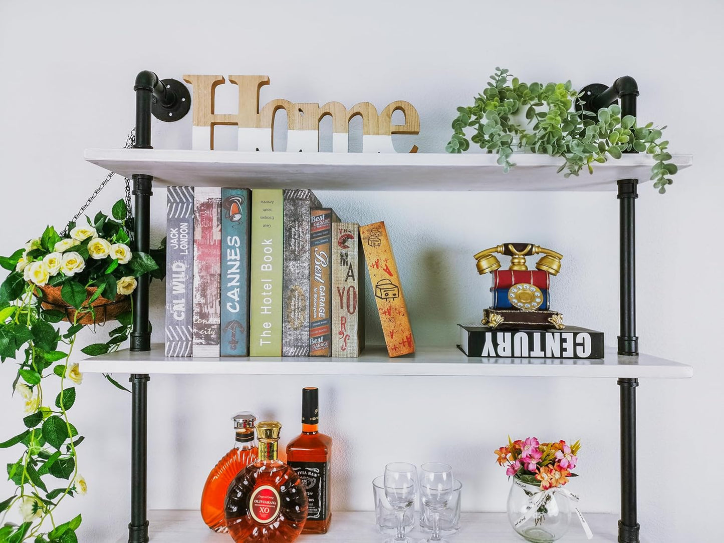 6 Tier Industrial Ladder Shelf Bookcase, Wall Mounted Rustic Bookshelf for Living Room Decor and Storage (White, 6 Tier - 10" D x 36" W x 82.5" H)