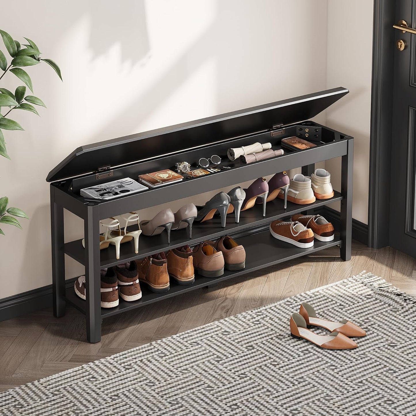 Shoe Rack Bench Seat Rubberwood 2-Tier Wooden Storage Bench 550lbs Compact Mid-Century Modern Design for Entryway, Hallway, Closet, Front Door Entrance, Foyer