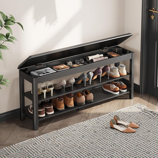 Shoe Rack Bench Seat Rubberwood 2-Tier Wooden Storage Bench 550lbs Compact Mid-Century Modern Design for Entryway, Hallway, Closet, Front Door Entrance, Foyer