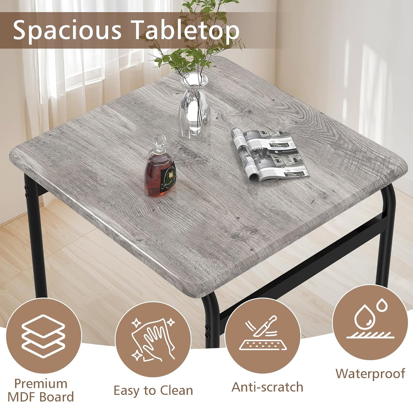 VECELO Dining Table Set for 2, 3-Piece Modern Dinette with Chairs for Small Space, Kitchen, Breakfast Nook, Rustic Grey