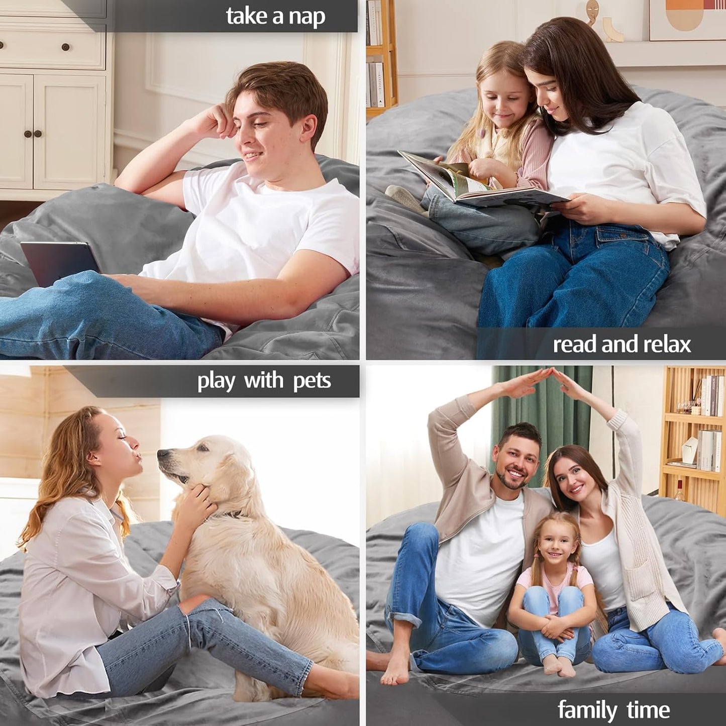 Homguava 5FT Bean Bag Chair Giant BeanBag with Memory Foam Filled, Comfy Bean Bag Chairs for Adults, Adult Bean Bag Chair with Dutch Velvet Cover for Living Room Bedroom-Grey