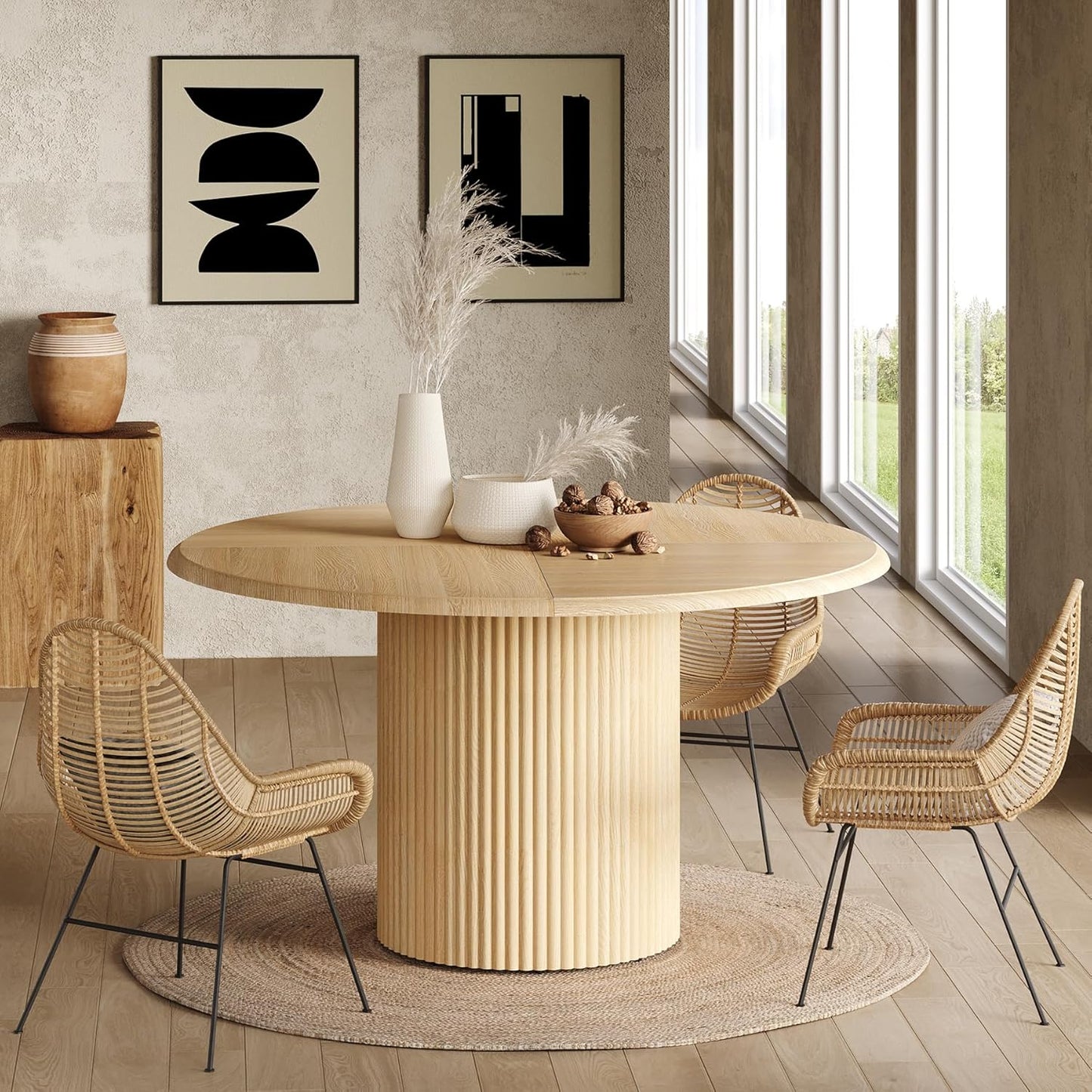 LITTLE TREE 47 Inches Round Dining Table for 4, Farmhouse Natural Wooden Dining Room Table with Fluted Pedestal, Large Circle Kitchen Dinner Table for Dining Room, Living Room (Table Only)