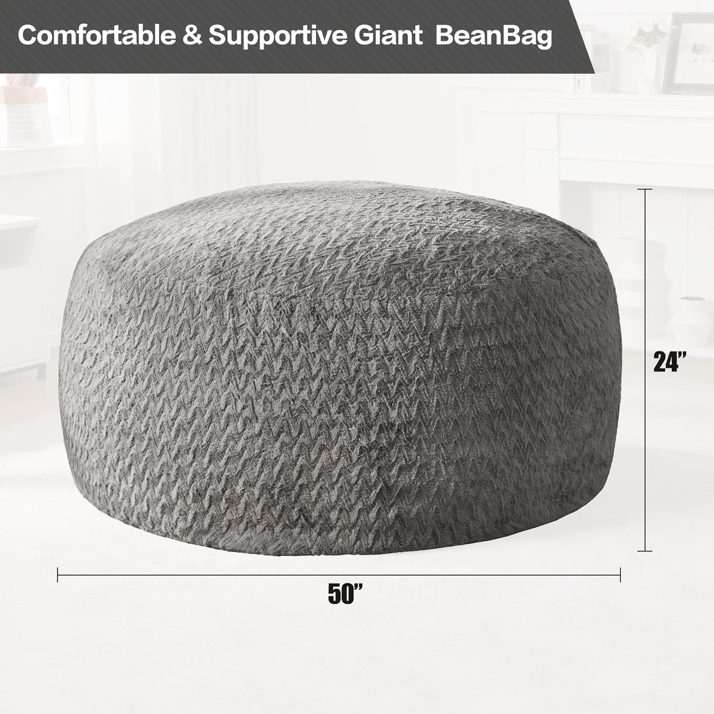 Hobestluk 5ft Bean Bag Chairs for Adults Large Beanbag Chair with Chevron Plush Fur Cover Big Bean Bag Chair for Living Room Bedroom Dorm Office - Grey (50” x 50” x 24”)
