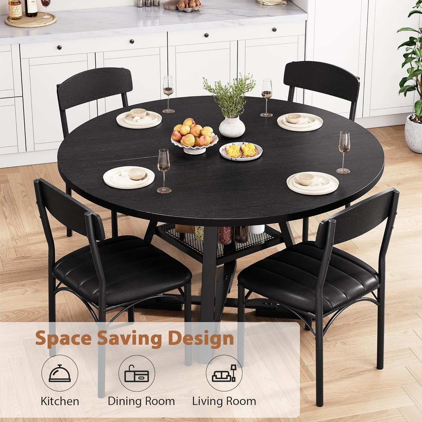Round Dining Table Set for 4, Kitchen Table and Chairs for 4, Circle Table Round Pedestal Dining Room Dinner Dinette Table Set,5 Piece Space Saving Wood Kitchen & Dining Room Tables (Black, 42In)