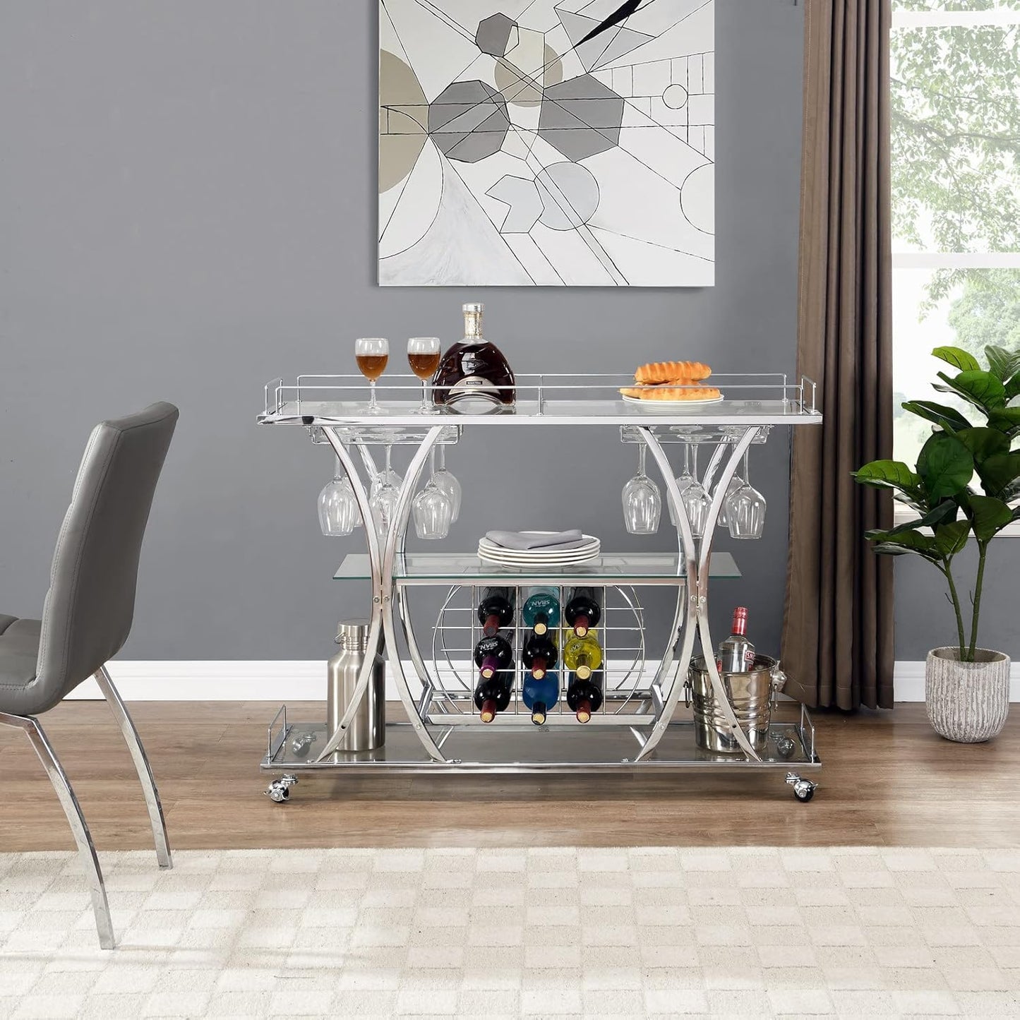 Silver Bar Carts with Glass Holders & Wine Rack,3 Tier Home Bar Serving Carts with Glass Shelves,Metal Rolling Bar Carts for The Home Kitchen, Party