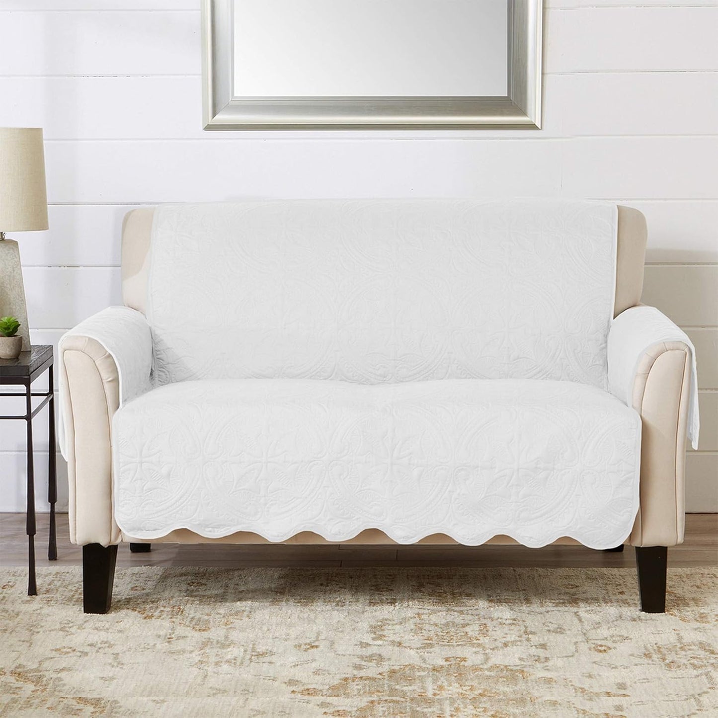 Great Bay Home Medallion Stitched Solid Furniture Protector Stain Resistant Durable Furniture Protector Elenor Collection (Loveseat, White/Sand)