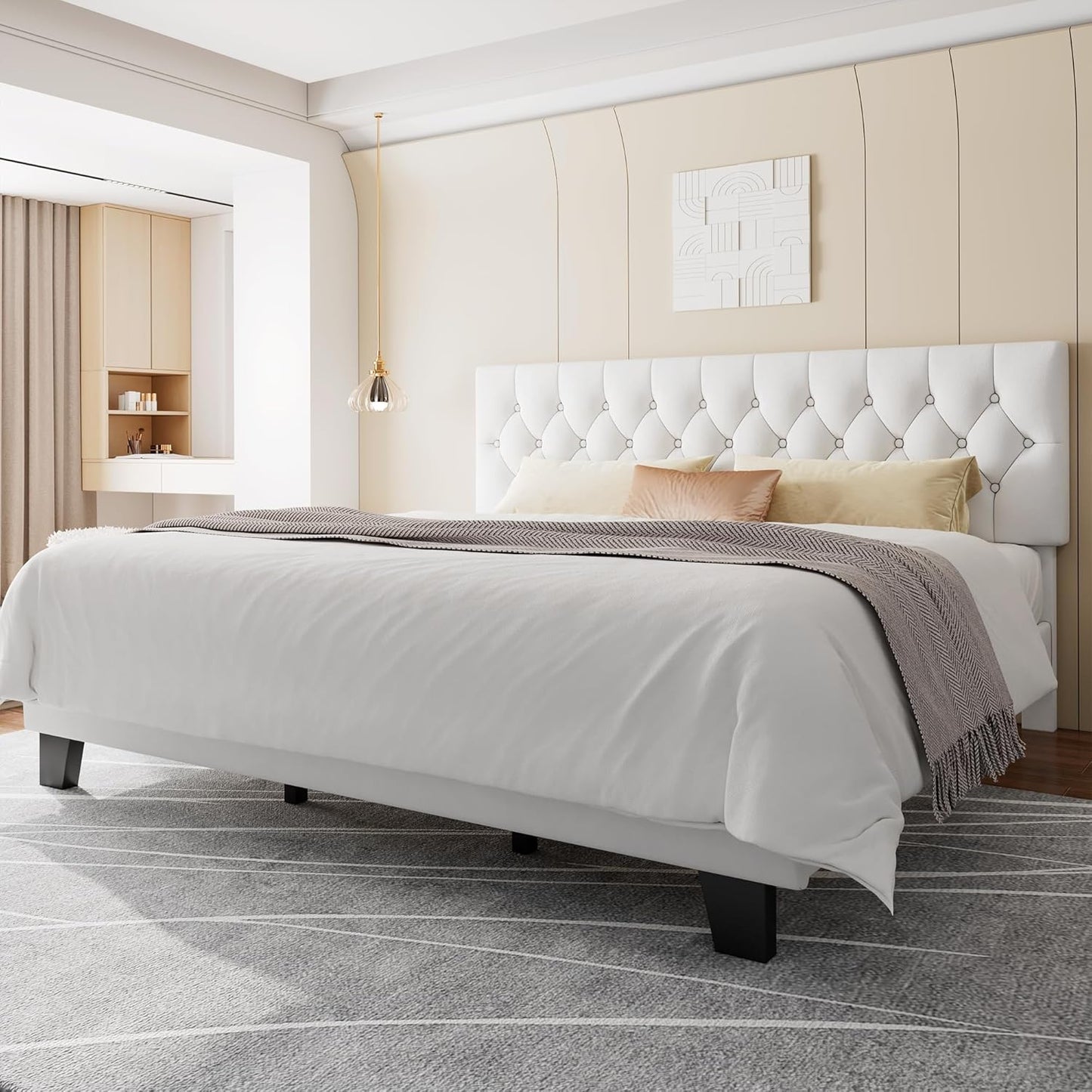 Feonase King Size Velvet Platform Bed Frame, Upholstered Bed with Button Tufted Headboard, Sturdy Wooden Slats & Heavy Duty Feet, No Box Spring Needed, Noise-Free, Easy Assembly, White