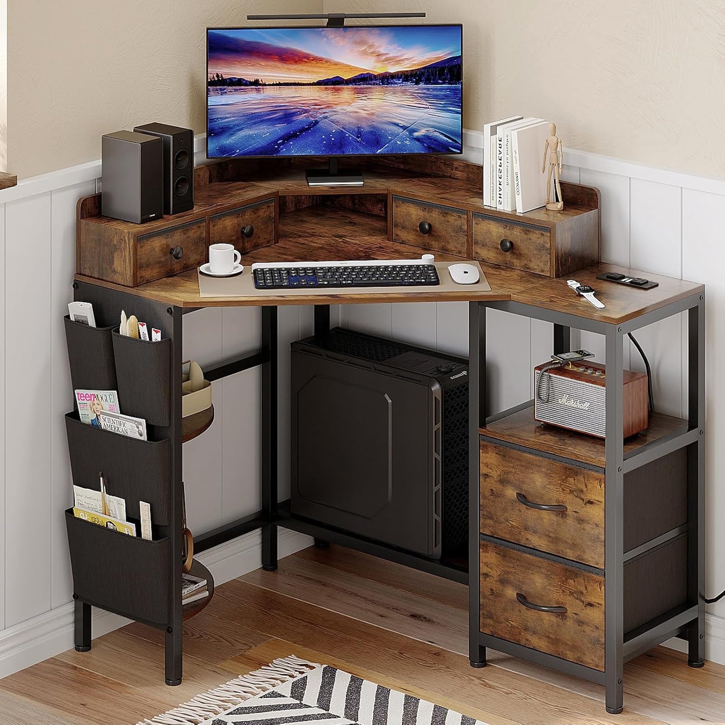 Corner Desk with 6 Fabric Drawers Shelves for Small Space Computer Desk with Power Outlets,Gaming Desk with Printer Monitor Stand Storage for Home Office Workstation Writing Table Brown