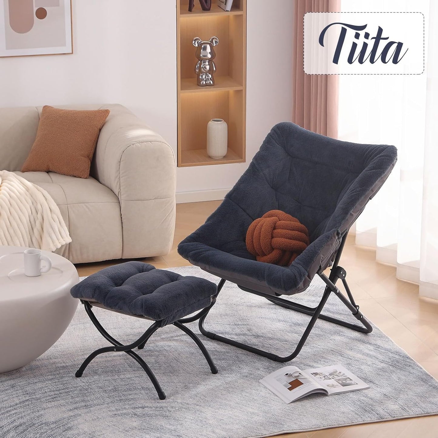 Tiita Folded Chair with Ottoman, Soft Faux Fur Oversized Folding Accent Chair,Lounge Lazy Chair, Metal Frame Moon Chair for Bedroom, Living Room, Dorm Rooms, Garden and Courtyard