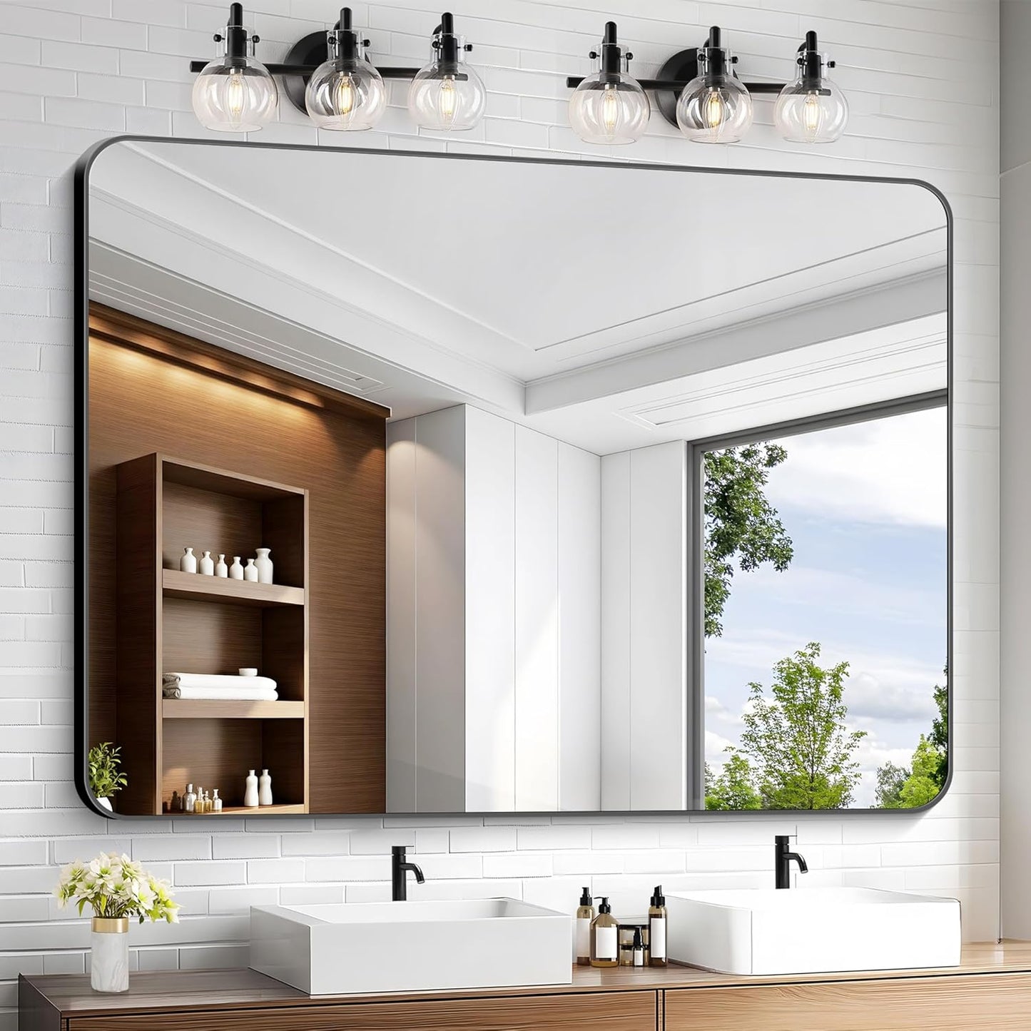 KOCUUY Black Bathroom Mirror 55"x40", Large Vanity Mirror with Rounded Corner, Metal Black Frame with Mordern Design for Bathroom, Living Room, Entryway, Hang Horizontal/Vertical
