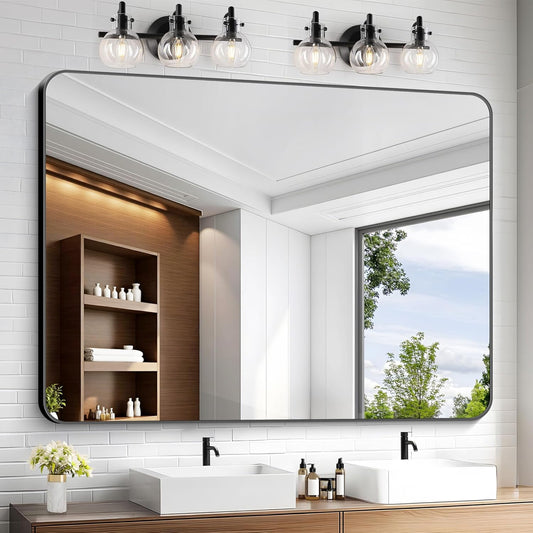 KOCUUY Black Bathroom Mirror 55"x40", Large Vanity Mirror with Rounded Corner, Metal Black Frame with Mordern Design for Bathroom, Living Room, Entryway, Hang Horizontal/Vertical
