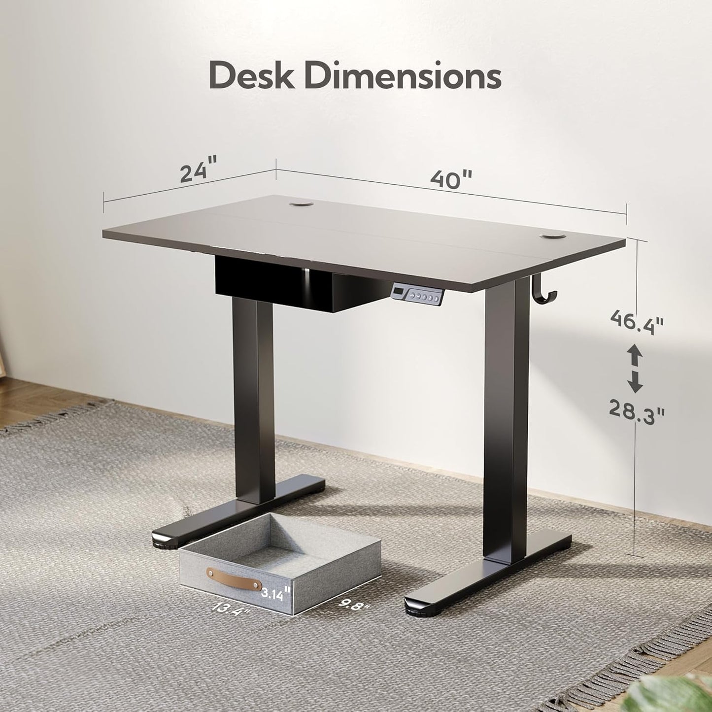 Seang Standing Desk with Drawer, 40" x 24" Height Adjustable Stand Up Desk, 3 Memory Height Settings with Cable Grommets & Storage Hooks, Ideal for Home & Office, Black