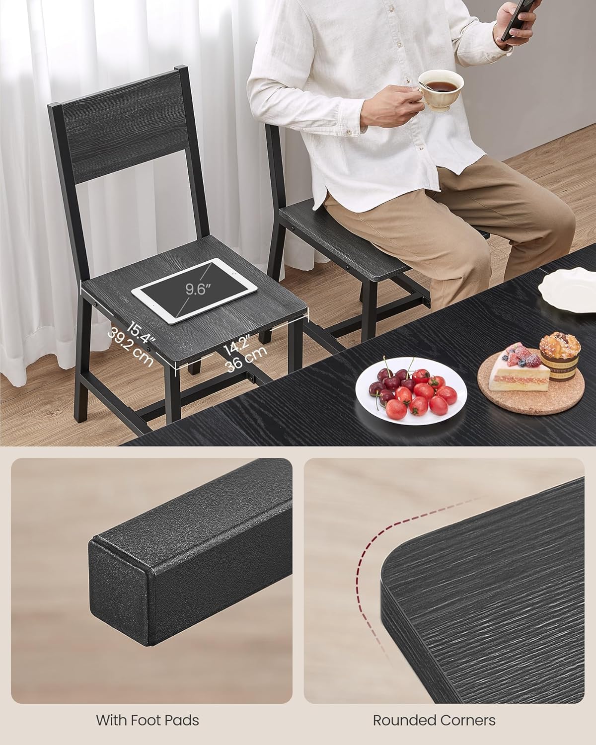 VASAGLE Dining Chair Set of 2, Rustic Wood Chairs with Metal Steel Frame, Easy to Assemble, Comfortable Seat, Modern Farmhouse Chair for Kitchen, Bedroom, Living Room, Charcoal Black and Ink Black