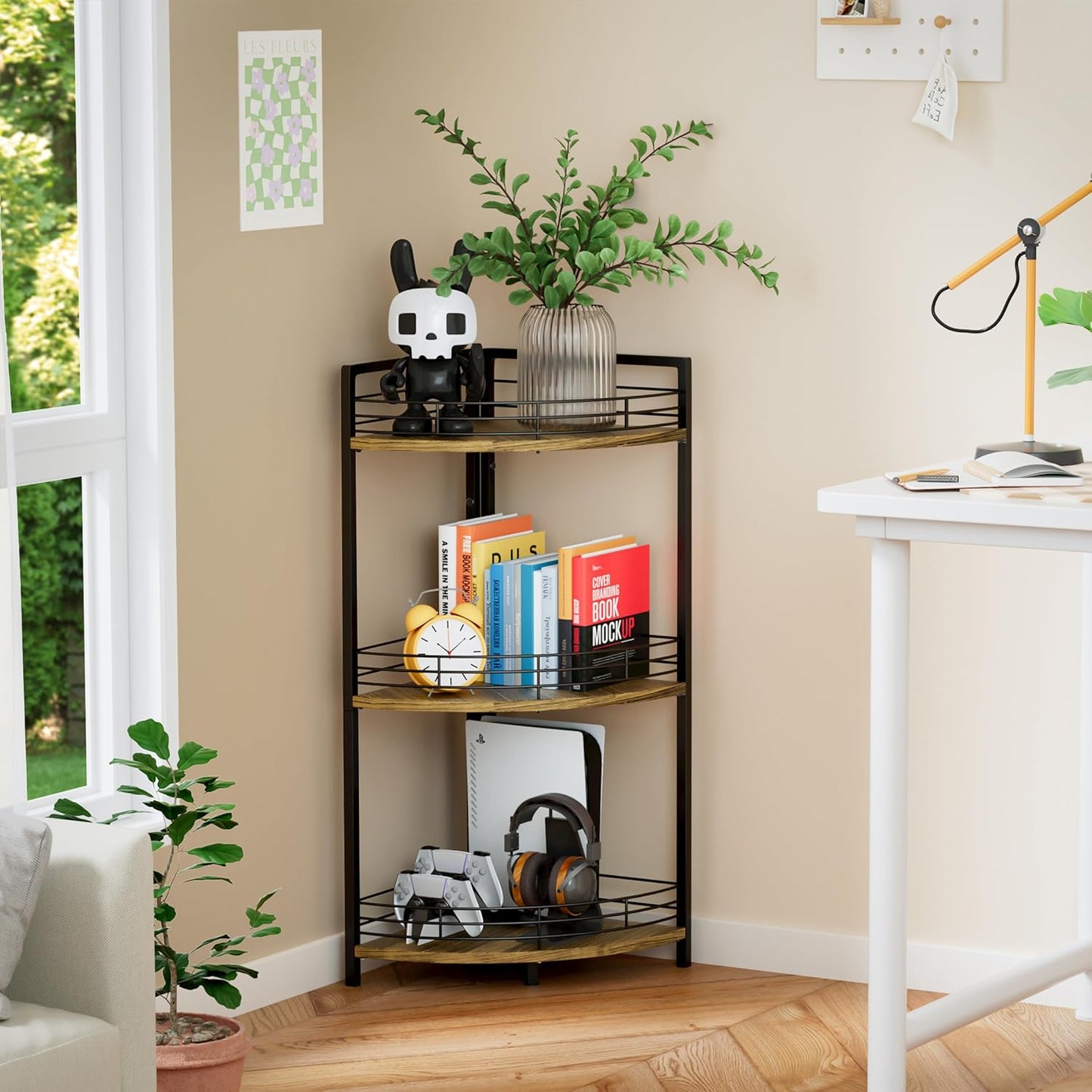 Bathroom Corner Shelf Stand, 3-Tier Small Corner Shelves, Triangular Curved Standing Bathroom Shelf Unit for Small Spaces, Ideal for Kitchen, Vanity Storage and Organization - Brown