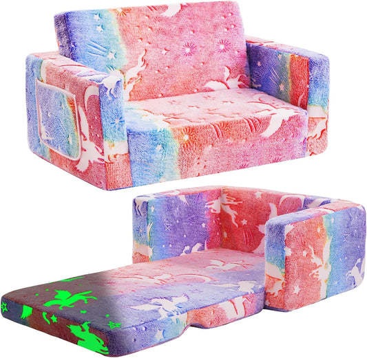 Toddler Chair Comfy,2-in-1 Soft Toddler Couch Fold Out for Kids,Convertible Sofa to Lounger,Gift for Girls and Boys Birthday,Elf,Large