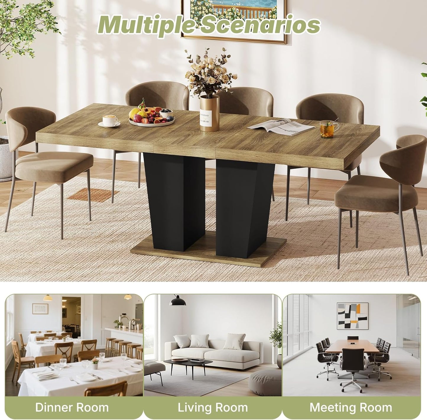 63"-78.7" Expandable Dining Table, 6-10 Rectangle Table, Extendable Console Table, Wooden Farmhouse Kitchen Table with Metal Track & Dual Column Base for Living, Office-Beige Brown