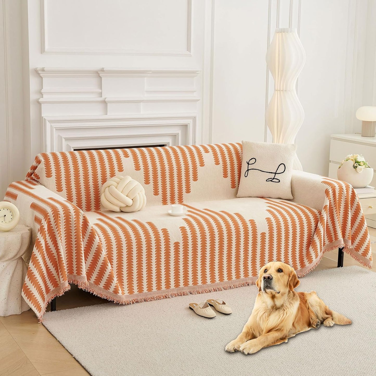 HAOMAIJIA Boho Sofa Covers Couch Covers for 2 Cushion Couch Sofa Pet Friendly Soft Thick Non Slip Couch Cover for Dogs Washable Sectional Couch Covers L Shape Furniture Protector (Orange, 71"x102")