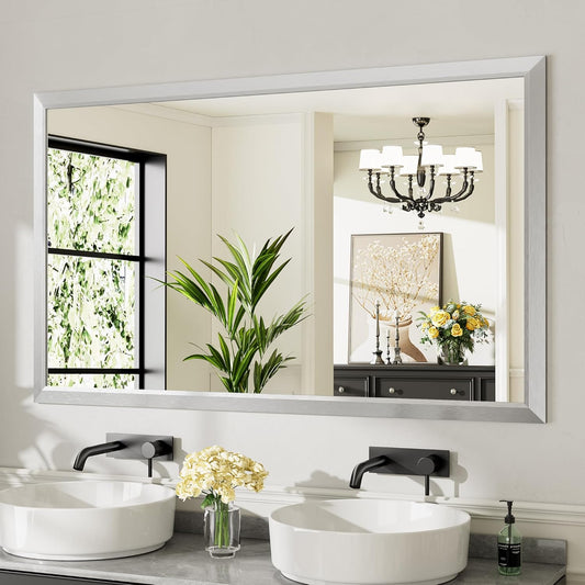60x36 Inch Silver Bathroom Mirror for Wall, Thick Metal Framed Rectangle Mirrors for Over Sink, Bedroom, Living Room, Entryway, Anti-Rust, HD Tempered Glass