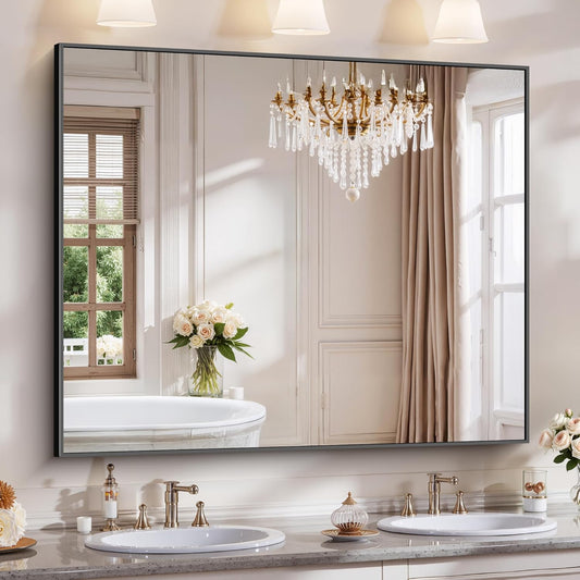 YIROMAN Bathroom Mirror for Wall 48"x40", Large Matte Black Bathroom Mirror with Metal Frame, Rectangular Vanity Mirror with Right Angles, Wall Mirror Hangs Horizontal or Vertical, Shatterproof