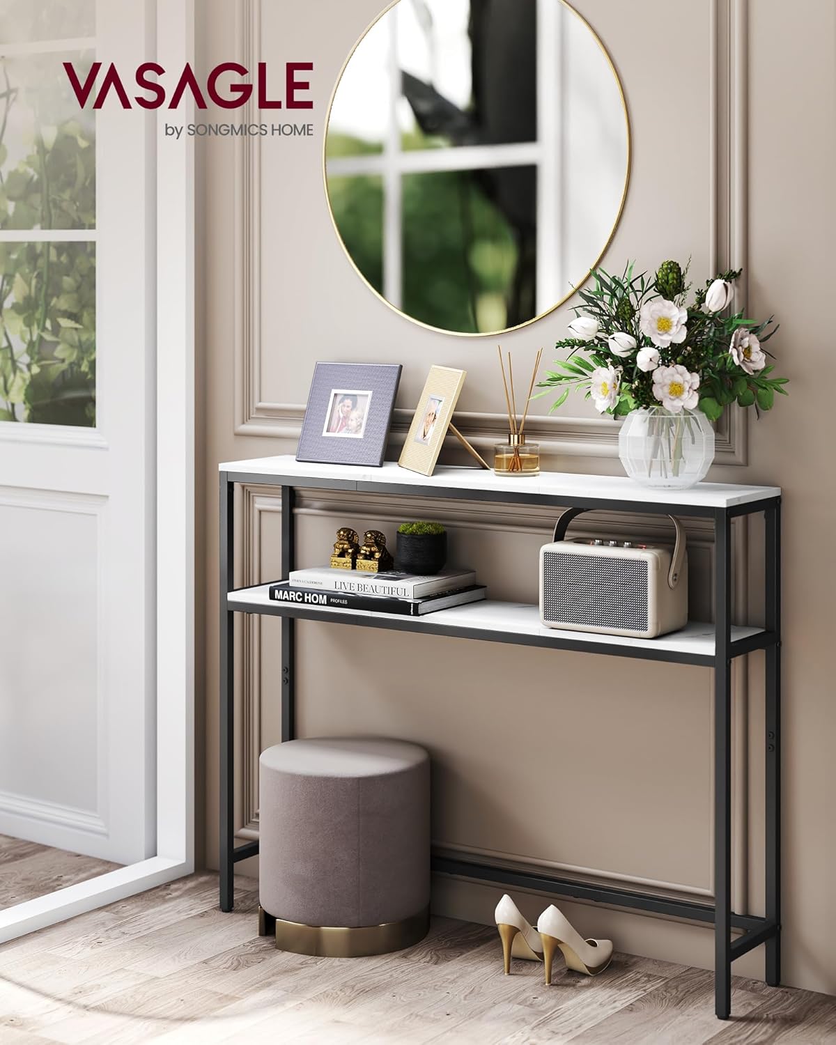 VASAGLE Console Table, 2-Tier Narrow Sofa Table with 2 Shelves, 7.9 x 39.4 x 31.5 Inches, for Living Room, Hallway, Entryway, Marble White and Ink Black ULNT131W59V1