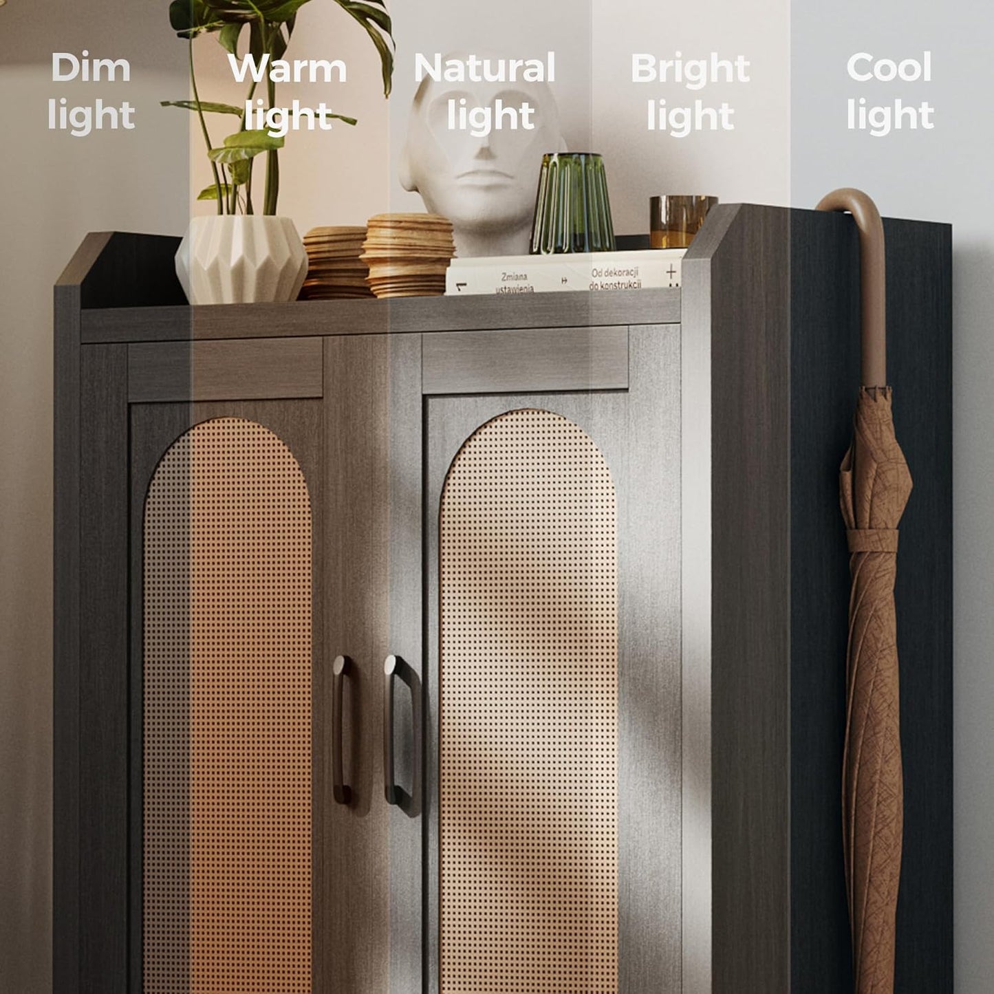 Shoe Cabinet Storage for Entryway, Natural Rattan Shoes Cupboard, Wooden Shoe Rack with Doors and Shelves, Farmhouse Boho Wood Shoe Organizer Cabinet for Hallway Black