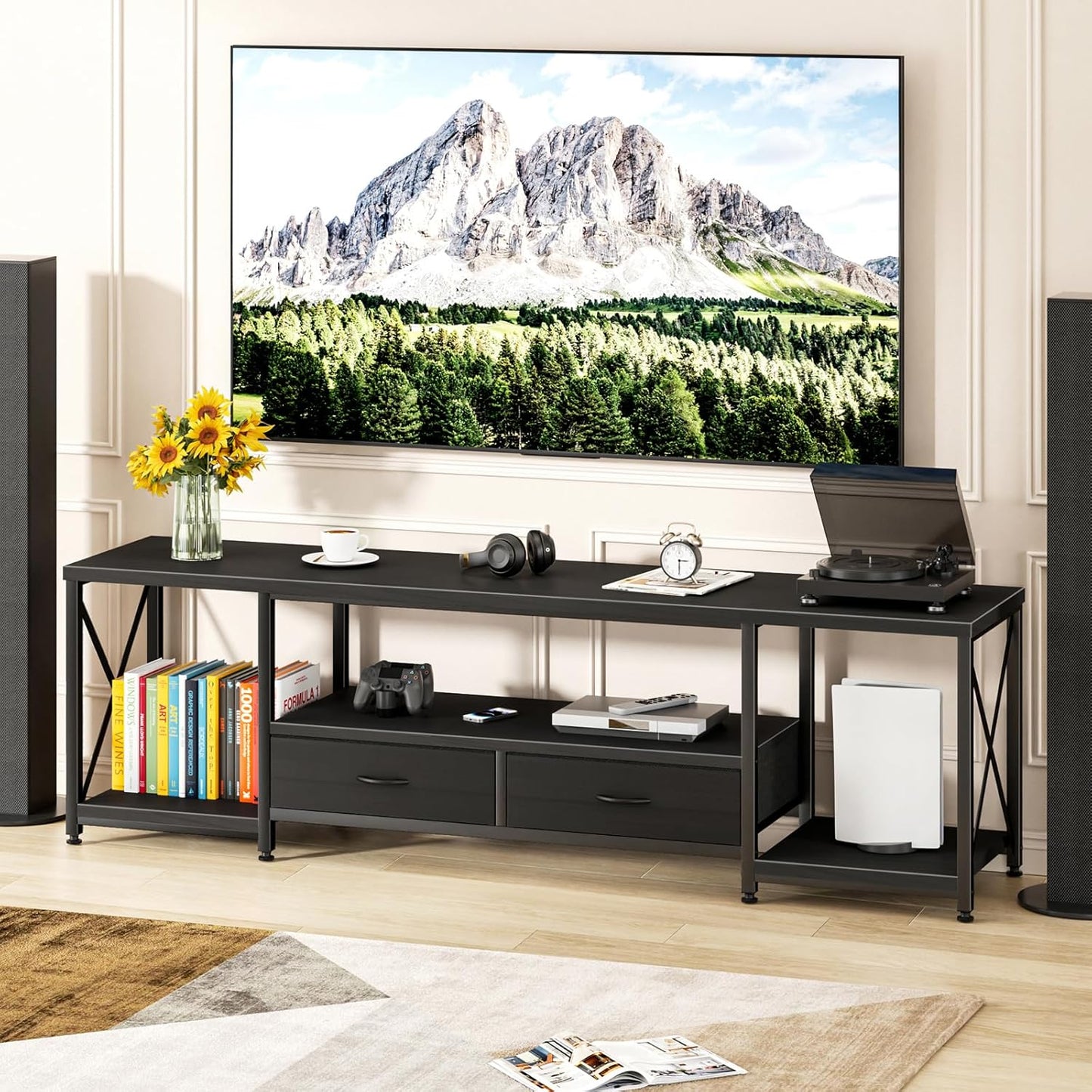 TV Stand with Fabric Drawers for 65 70 75 Inches TV - Entertainment Center and Industrial TV Console Table with Open Storage Shelves for Living Room, Bedroom - 63.5" Black