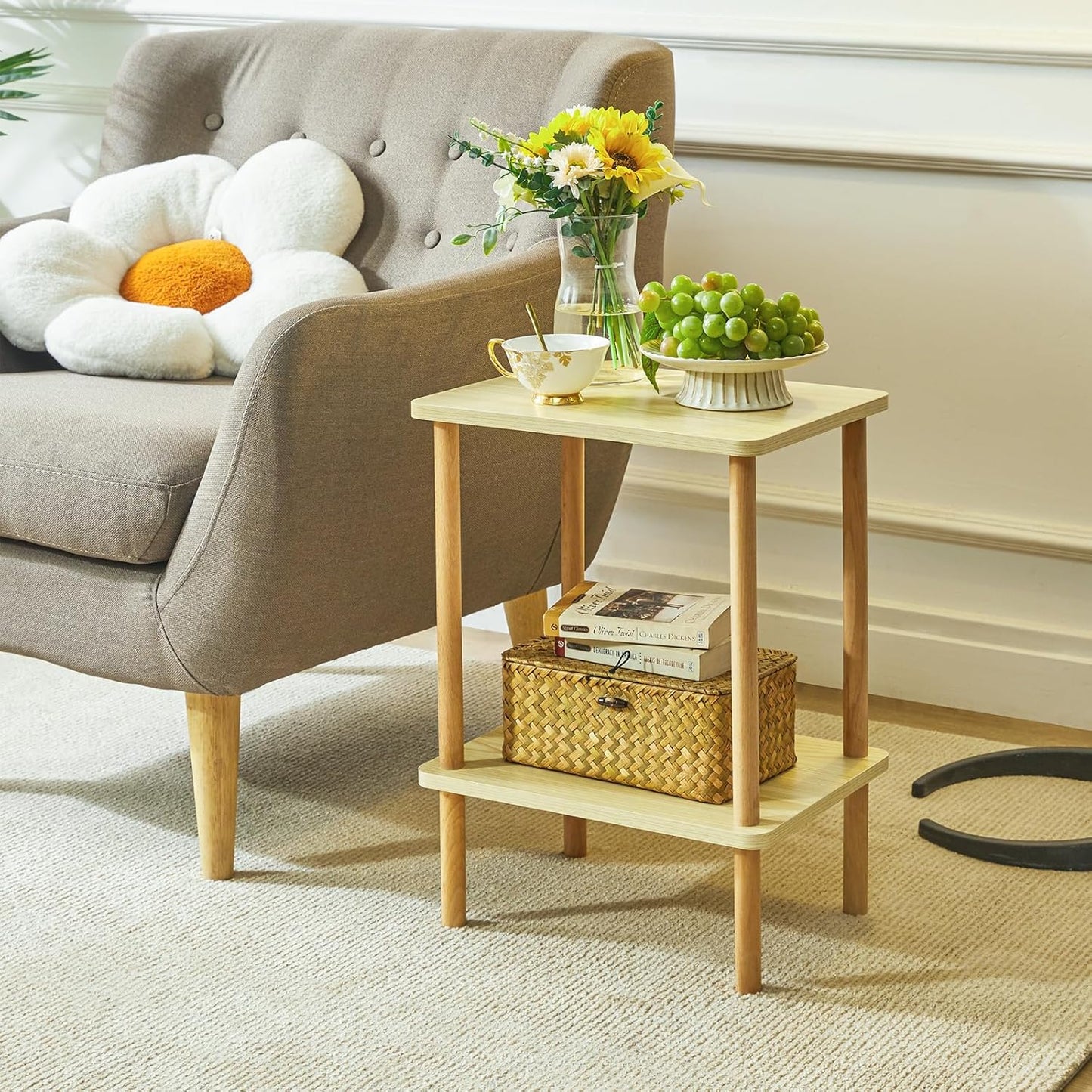 IBUYKE 2-Tier Side Table, Solid Wood Tall End Table with Storage Shelves, Nightstand Bedside Table for Living Room Bedroom Office, No-Tool Assembly, Light Natural UWST002S