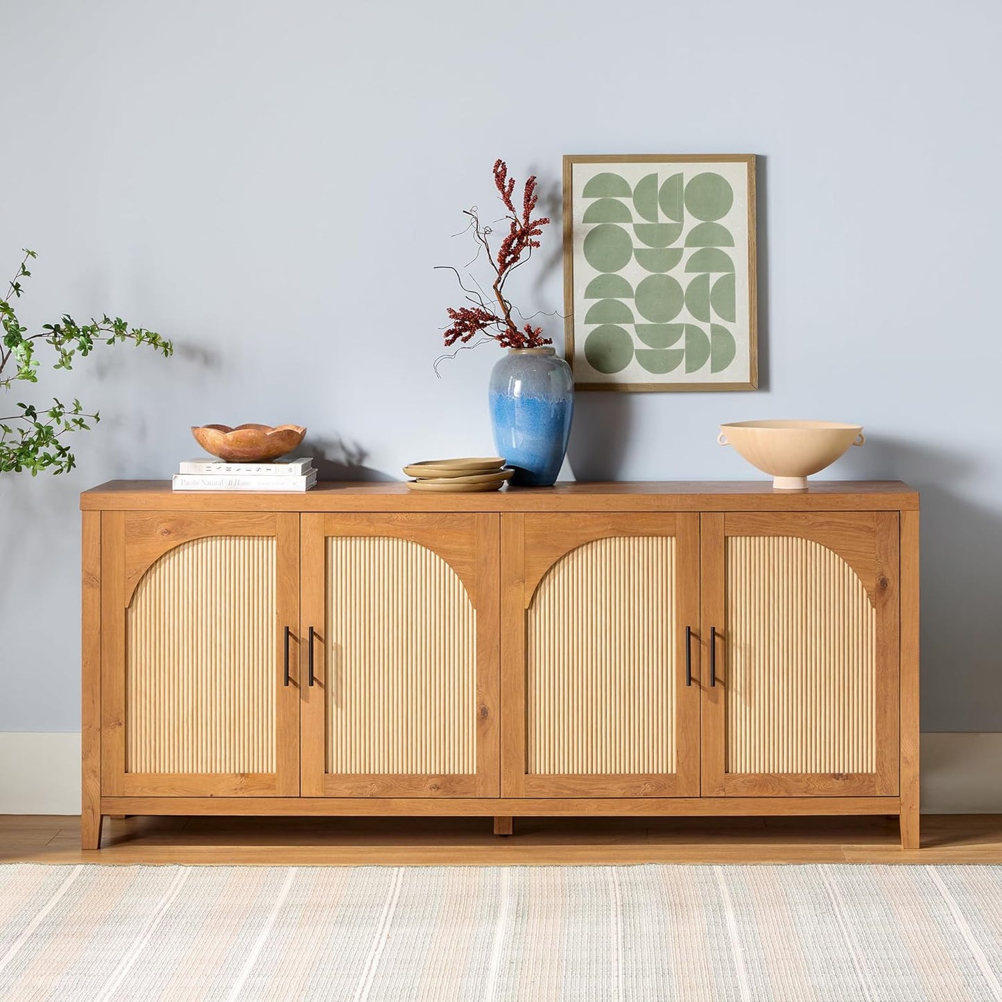 Walker Edison Sasha 4-Door Reeded Sideboard Buffet with Cord Management, 70 Inch, English Oak